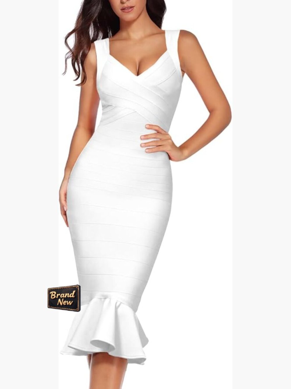 Sleeveless Fishtail Midi Bandage Dress Bodycon V-Neck Party Club Evening Dresses